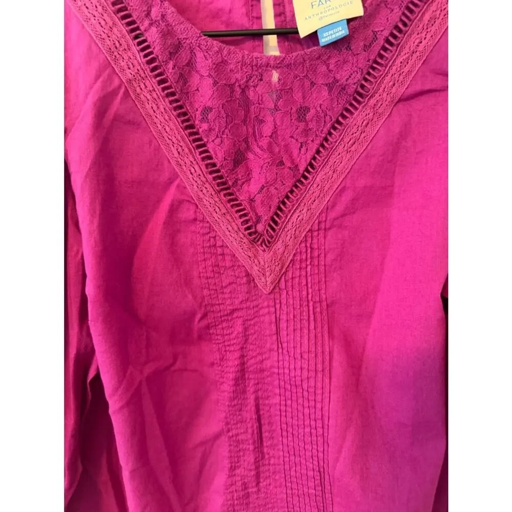 FARM Rio Fuchsia Lace V-Neck Puff Sleeve Top XS Petite